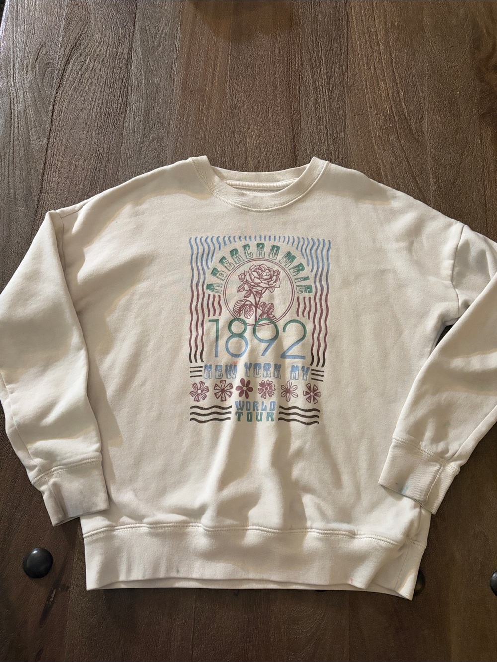Abercrombie & Fitch Cream Crewneck with Pastel Graphic Rose and 1892 Print